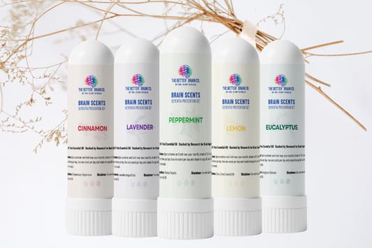 Five white tubes of 'The Better Brand' brain scents with labels for different scents on a light background.