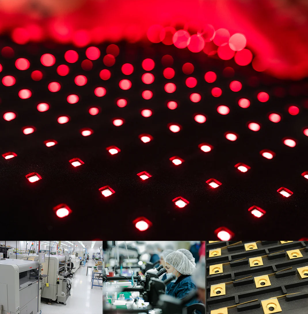 Close-up of red LED lights on a black background, with a factory setting and product packaging in the background.