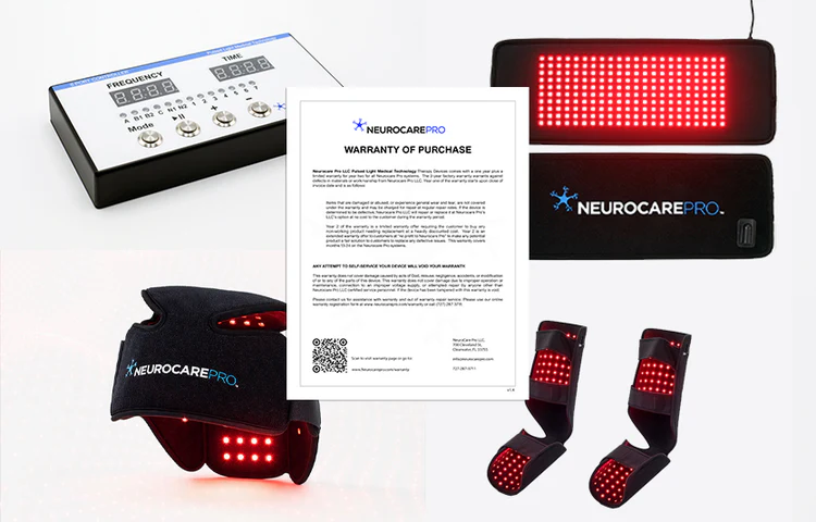 NeurocarePro device set with helmet, arm bands, and warranty document on a white background
