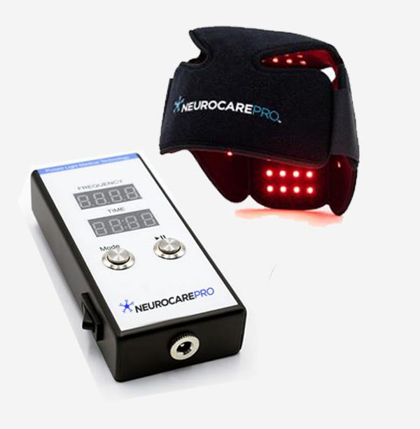 NeurocarePro device with digital display and red light therapy cap on a white background