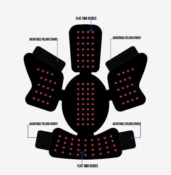 Diagram of a black device with pink LED lights labeled with features on a white background